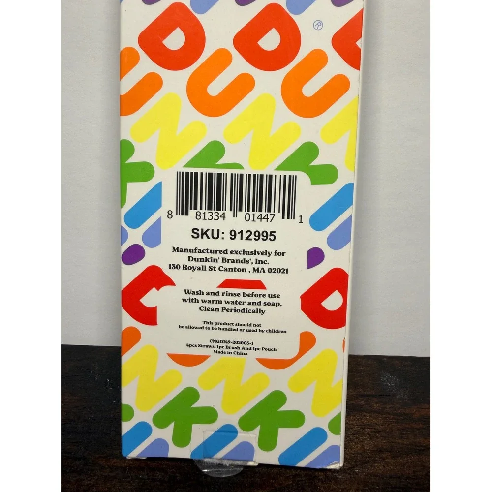 Dunkin Reusable Straws Rainbow Iridescent Metal 4pc Set with Brush‎ Pouch 912995